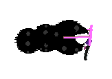 An image of UV II, a BirdWorm, in Petz. She is a black worm-like creature with one white and one magenta eye, with black spots on her body, wearing pink circular glasses and carrying a black and pink magnifying glass. She glances expectantly at something unseen to the right.